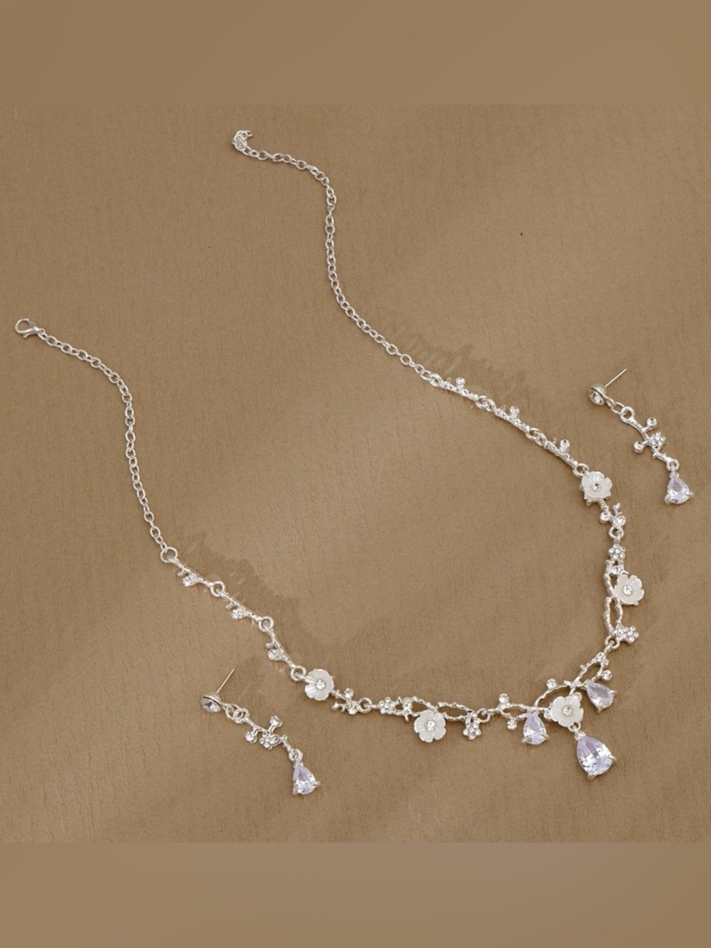 Anthropologie Silver Floral Necklace with Clear Teardrop Crystals